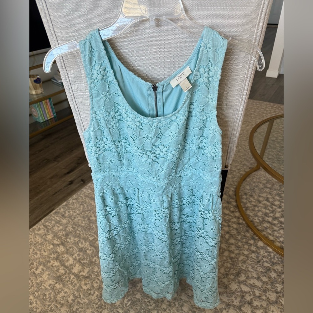LOFT Aqua Lace Dress Sleeveless Fit & Flare Back Zip Floral Eyelet Size 6